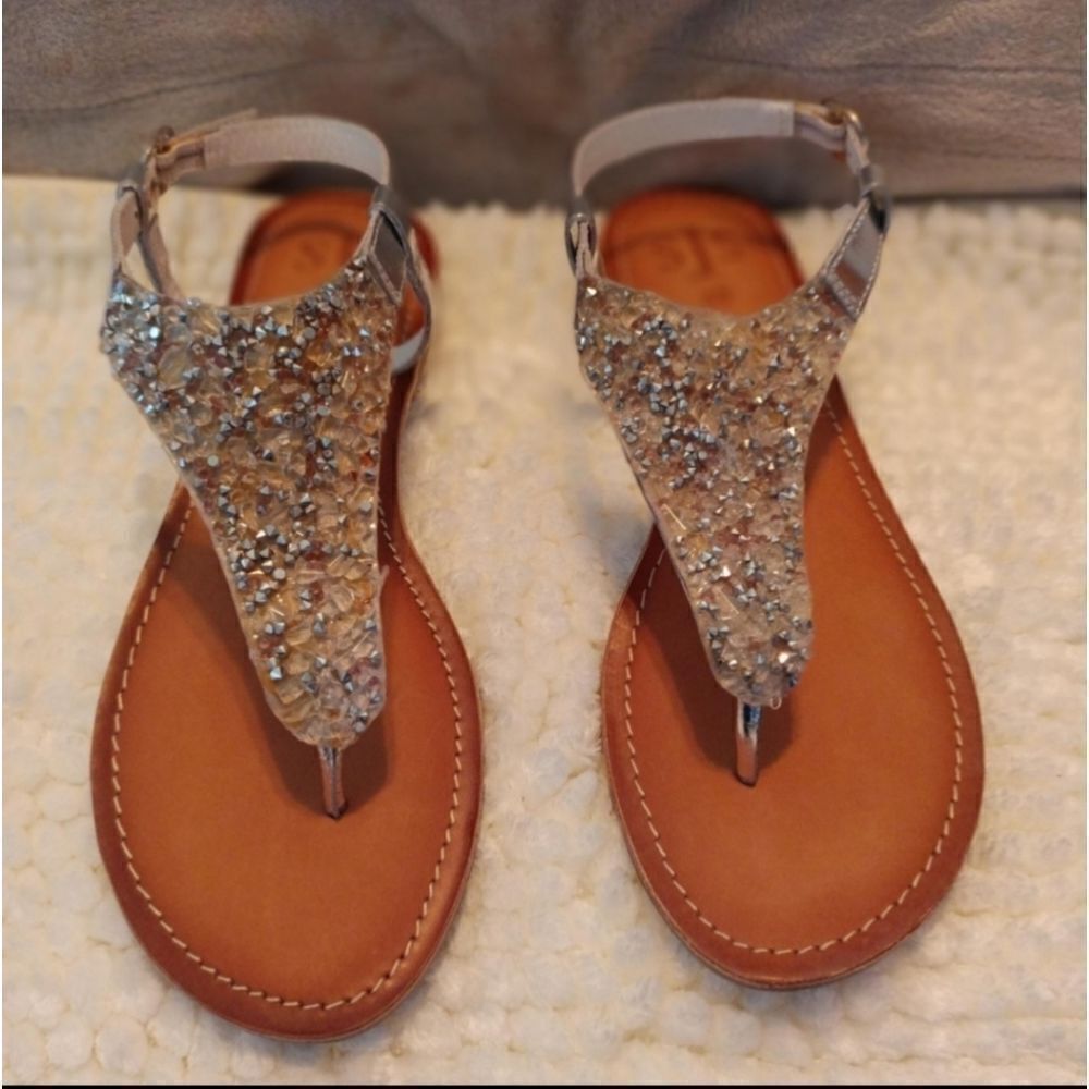 SJS Beverly Hills Silver Rhinestones T-Strap Leather Sandals Women's Size 40